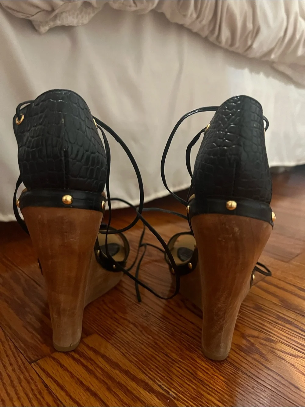 bebe Black Lace-Up Cork Wedge Sandals with Gold Studs